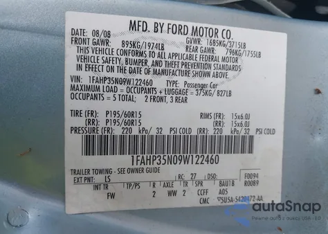 2009 Ford Focus Se z USA, uszkodzony, nr VIN 1FAHP35N09W122460